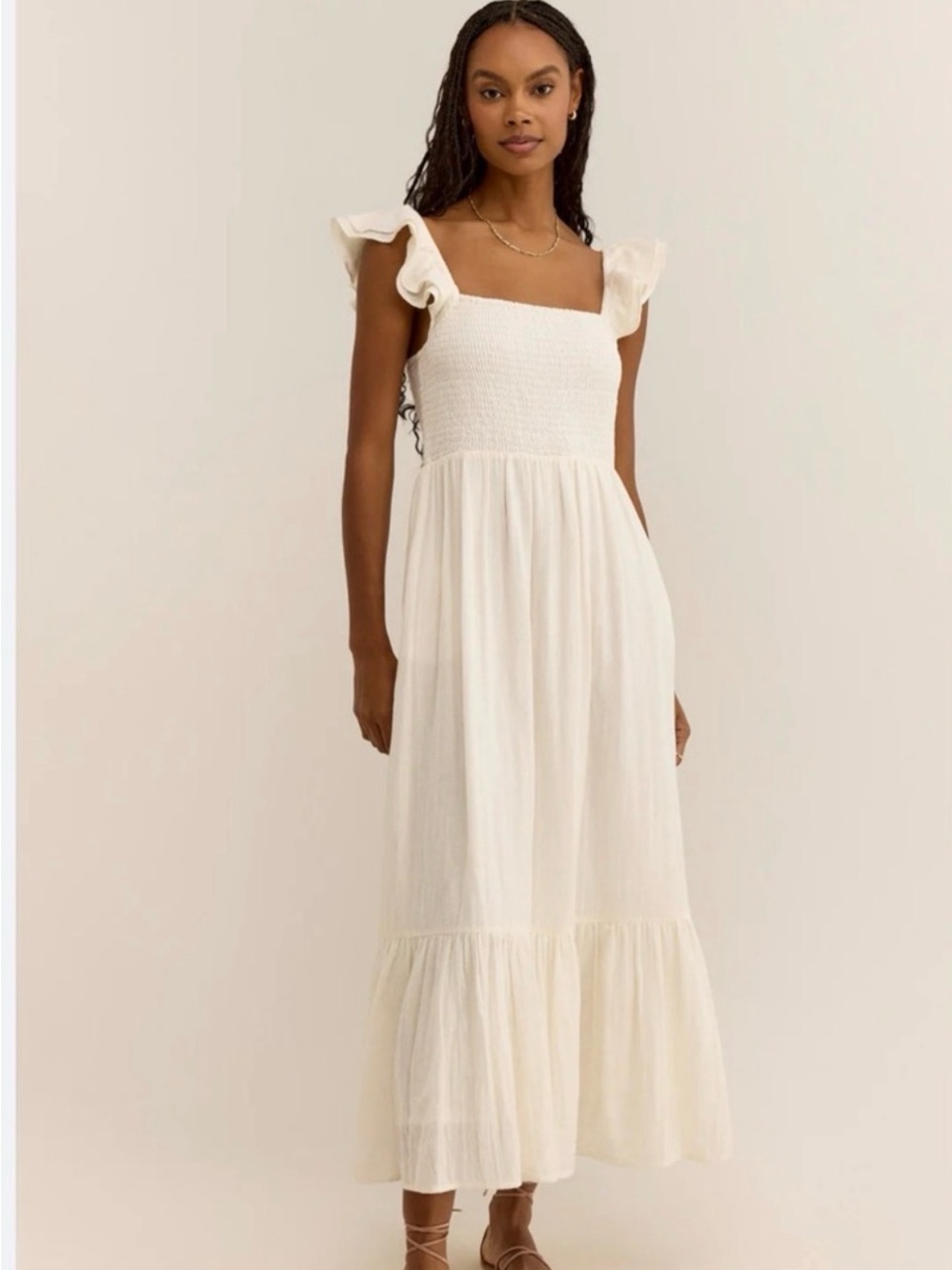 Z SUPPLY Calypso Ivory Smocked Cotton Gauze Midi Dress W/ Flutter Straps Size M